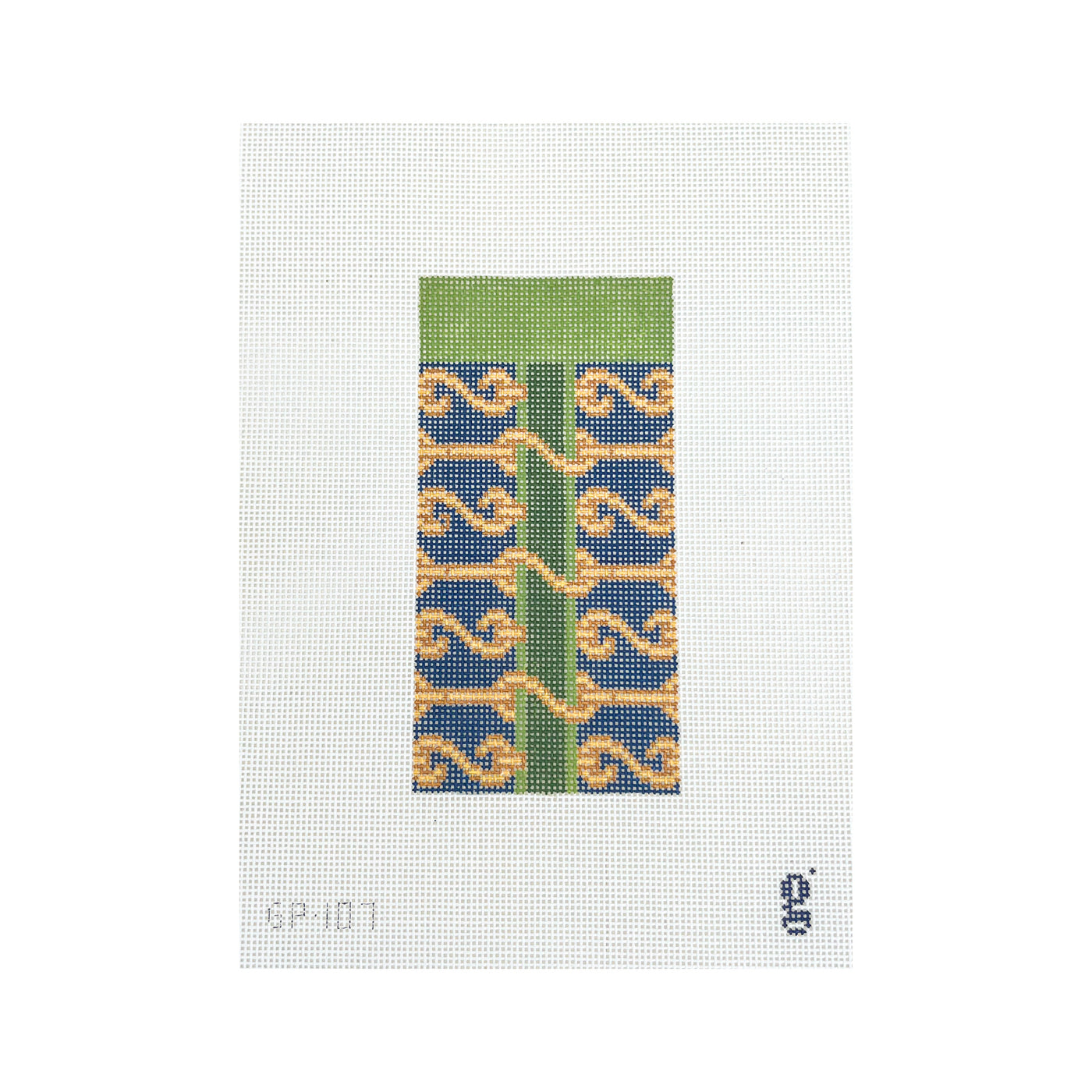 White needlepoint canvas with a dark blue and green rectangular design with a gold S Clasp pattern overlaid