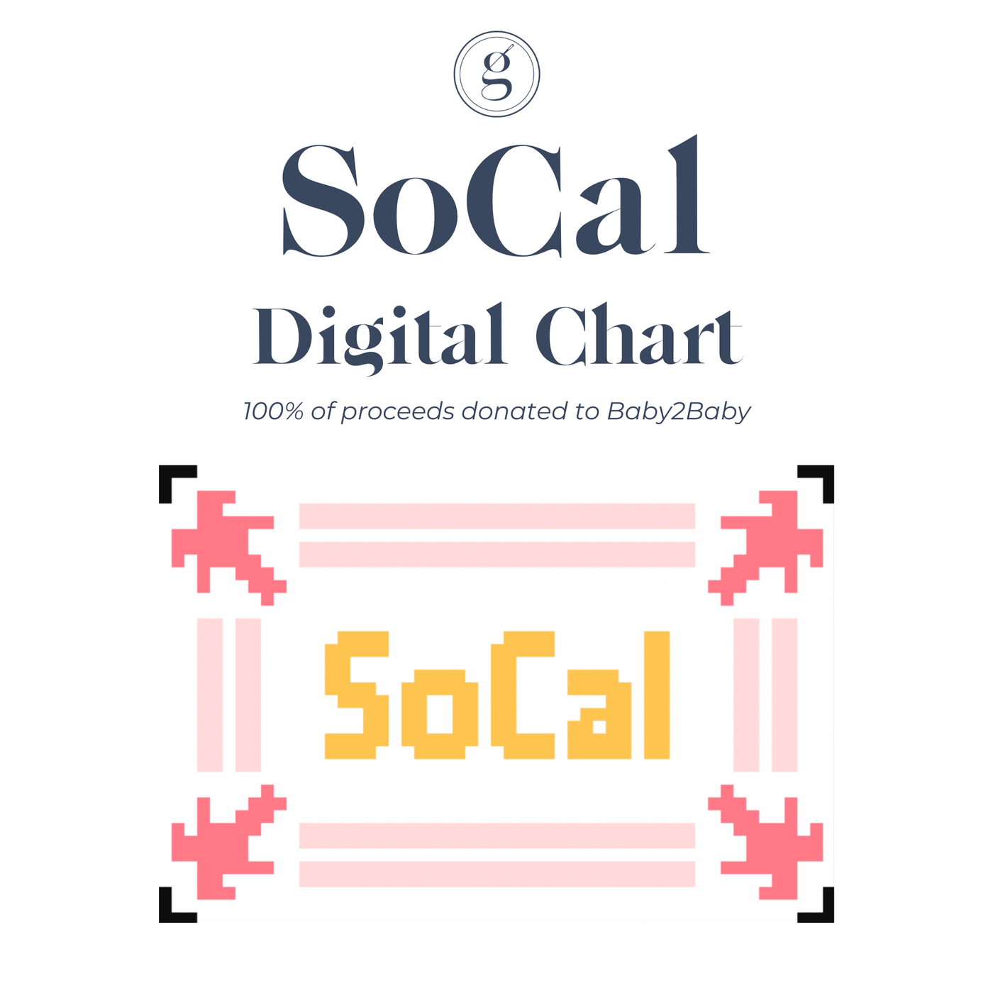 Pixelated image of hot pink palm trees with light pink stripe border and the word "SoCal" in yellow text at center beneath navy text "SoCal Digital Chart 100% of proceeds donated to Baby2Baby"