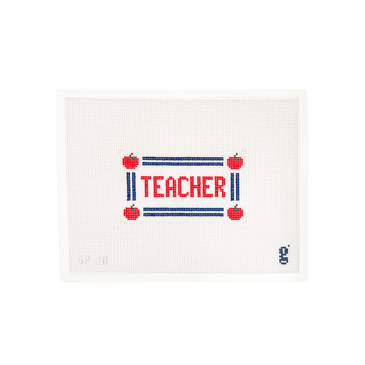 white needlepoint canvas with navy striped border and apple icons at each corner. The word "TEACHER" is at center in red block font