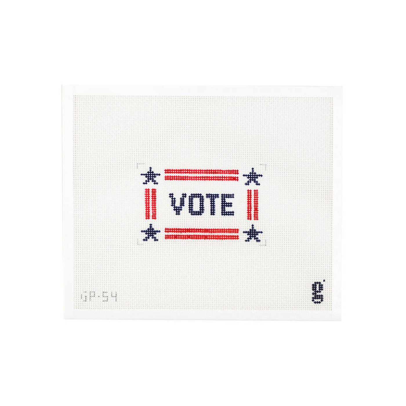 White needlepoint canvas with the word "VOTE" in navy block text at center, surrounded by a red stripe border and a navy star in each corner.