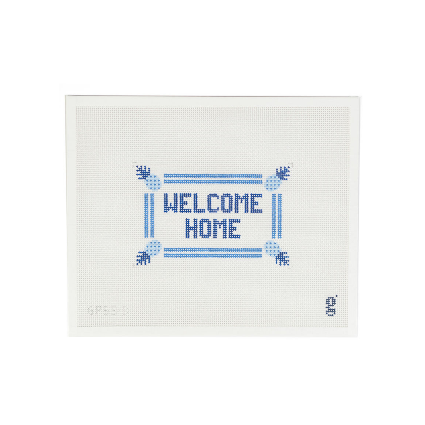 White needlepoint canvas with navy block text reading "WELCOME HOME" with a brighter blue double stripe border and blue pineapples at each corner