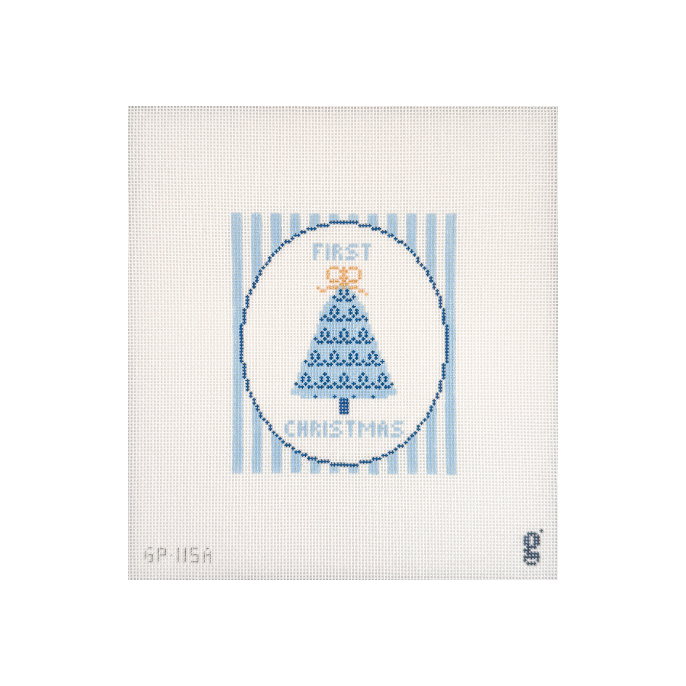 White needlepoint canvas with blue and white striped rectangular design featuring a white oval at center with a blue Christmas tree and the words "FIRST CHRISTMAS" at top and bottom respectively.