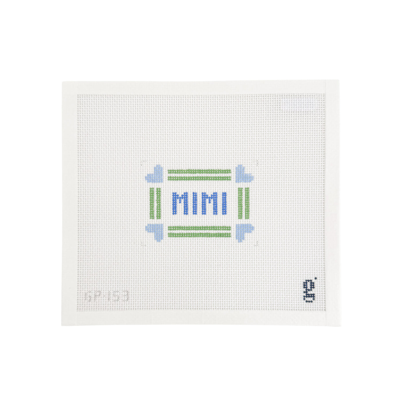 White needlepoint canvas with green stripe border with light blue hearts and the word MIMI at center in darker blue text