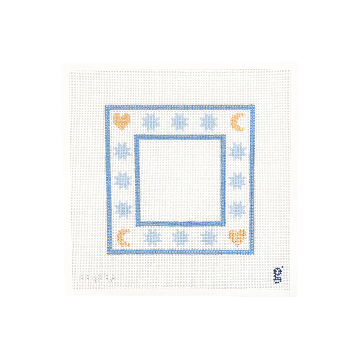 White needlepoint canvas with light blue square shaped design featuring light blue 8 pointed stars, and gold hearts and crescent moons.