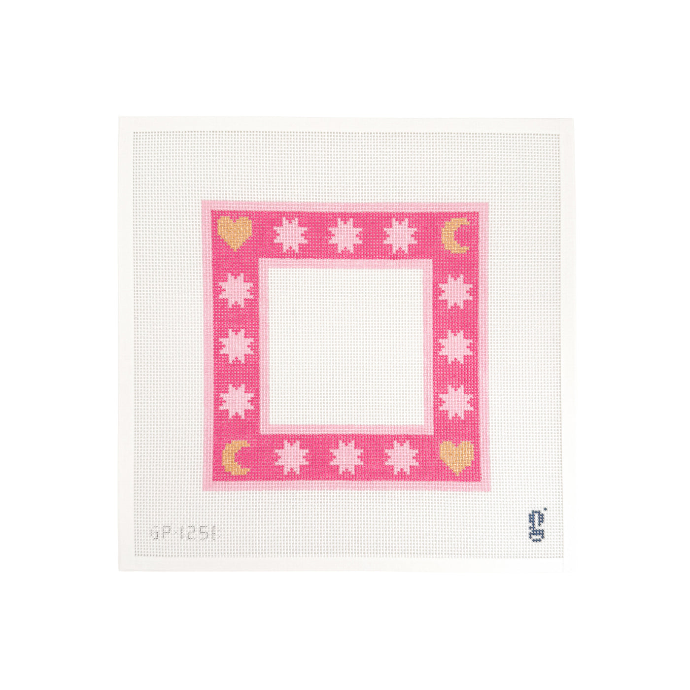 White needlepoint canvas with bright pink square shaped design featuring light pink 8 pointed stars, and gold hearts and crescent moons.