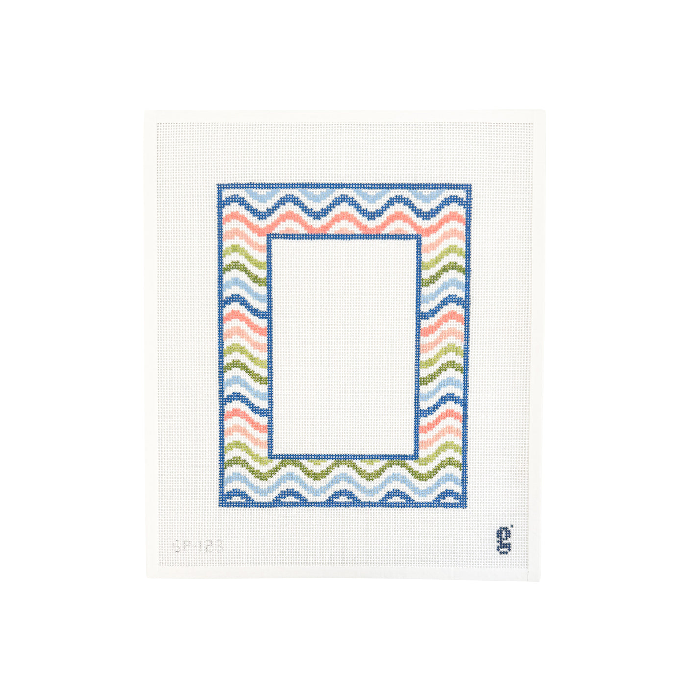 White needlepoint canvas with dark blue rectangular picture frame design featuring rainbow squiggle lines running horizontally