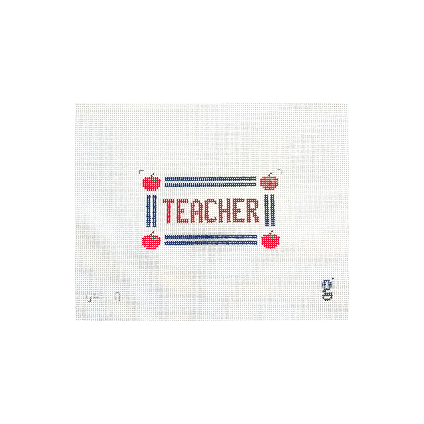 white needlepoint canvas with navy striped border and apple icons at each corner. The word "TEACHER" is at center in red block font