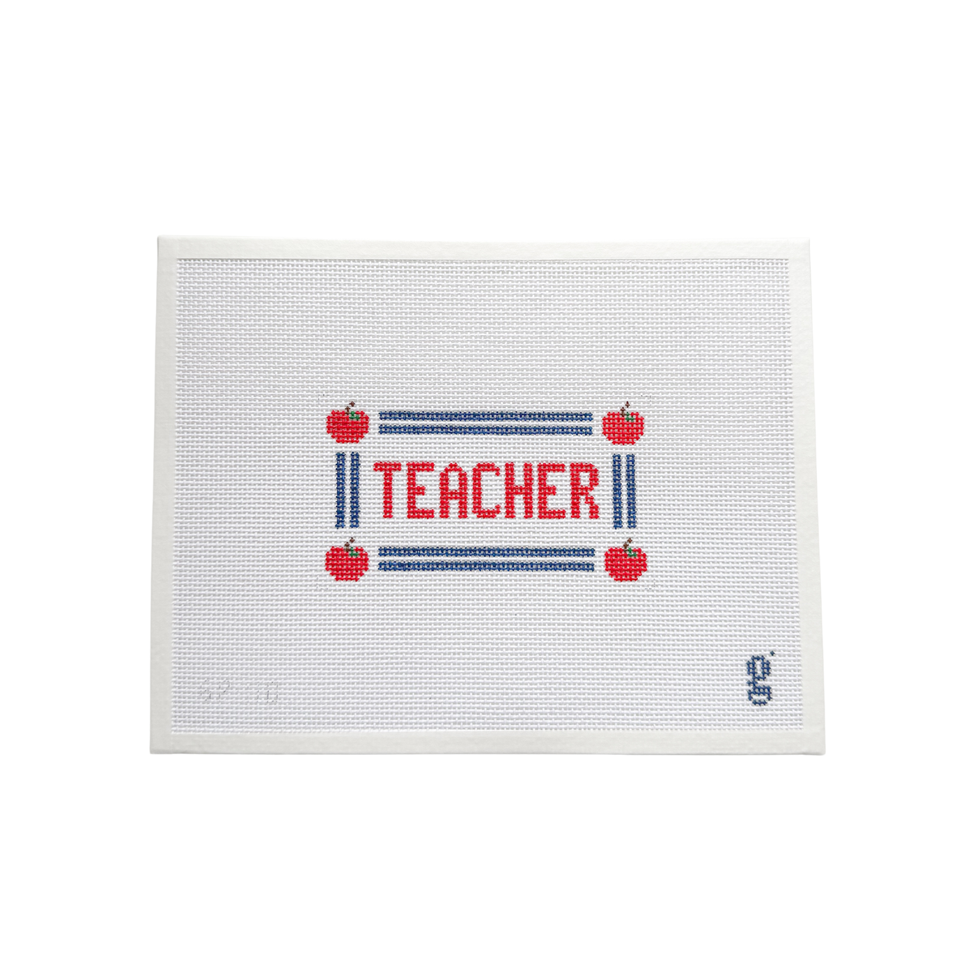 white needlepoint canvas with navy striped border and apple icons at each corner. The word "TEACHER" is at center in red block font