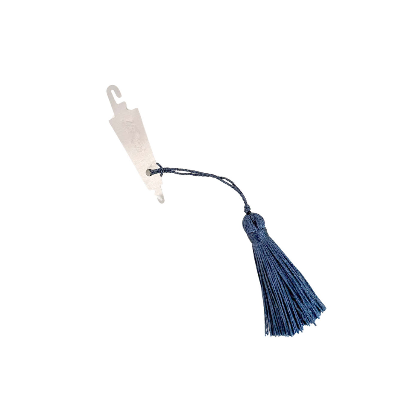 Silver needle threader with small hook end attached to a small navy blue tassel