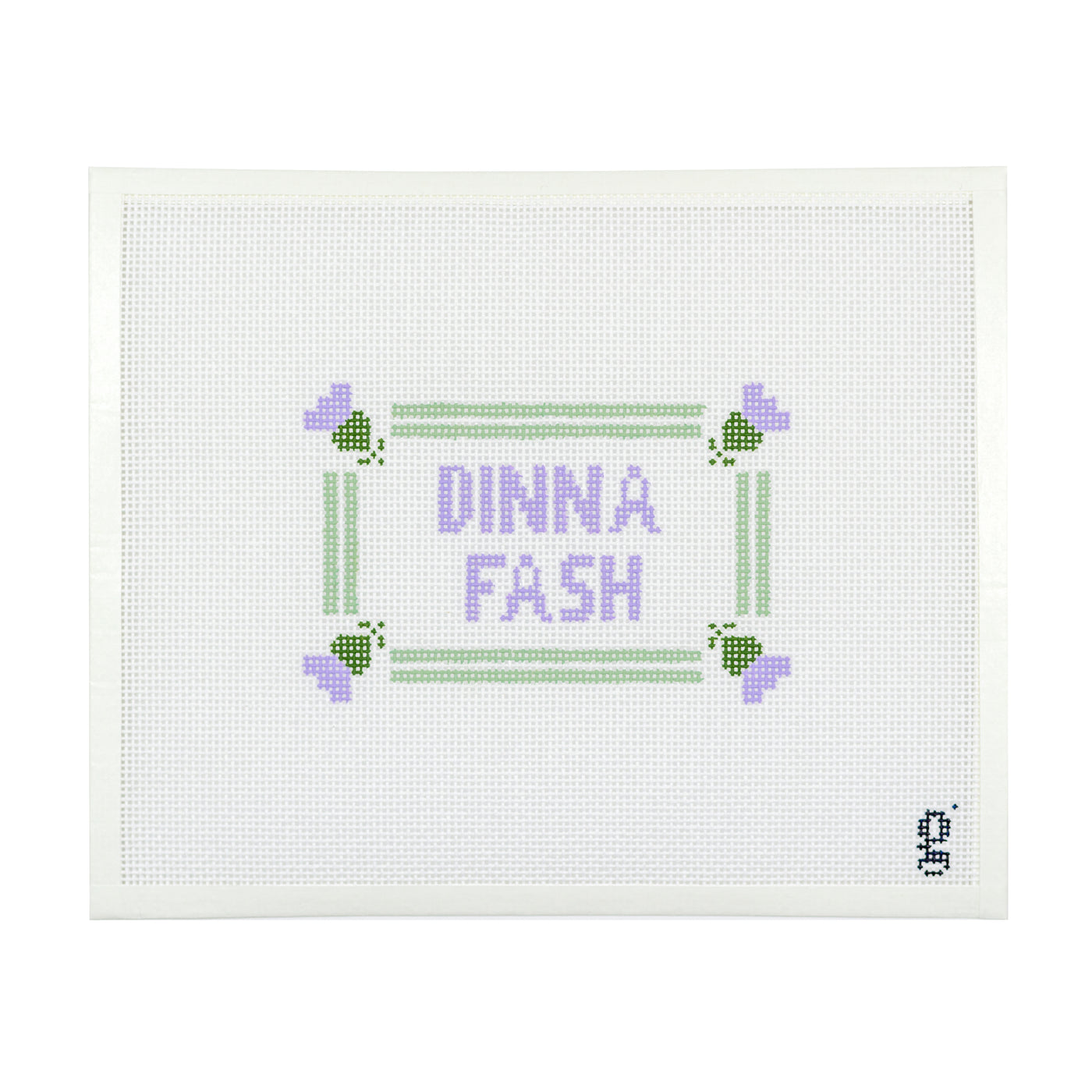 Hand painted needlepoint canvas in rectangular shape with purple and green thistle in each corner, pale green striped border and purple block letters spelling out "DINNA FASH" in center