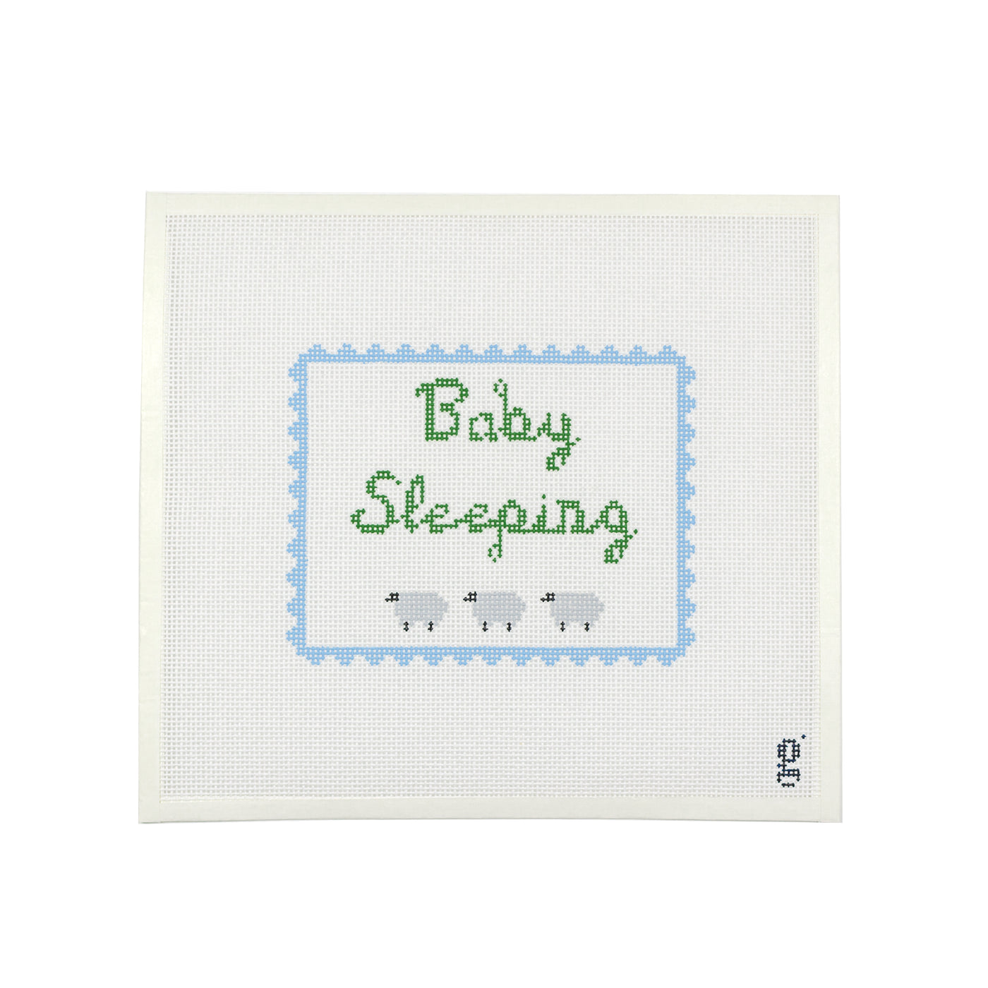 Painted needlepoint canvas with light blue scalloped border, green script letters spelling out "Baby Sleeping" with 3 grey sheep at the bottom