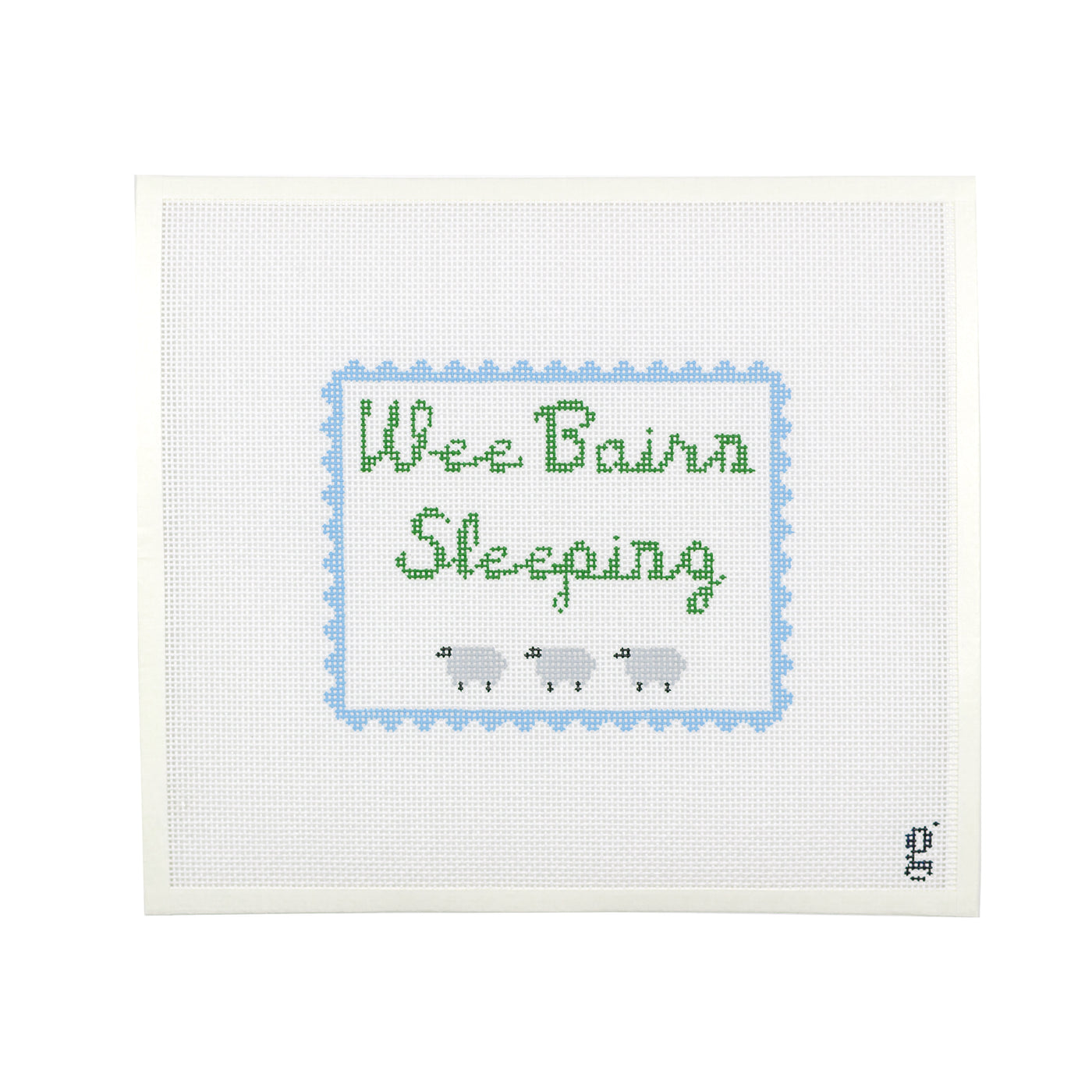 Painted needlepoint canvas with light blue scalloped border, green script letters spelling out "Wee Bairn Sleeping" with 3 grey sheep at the bottom