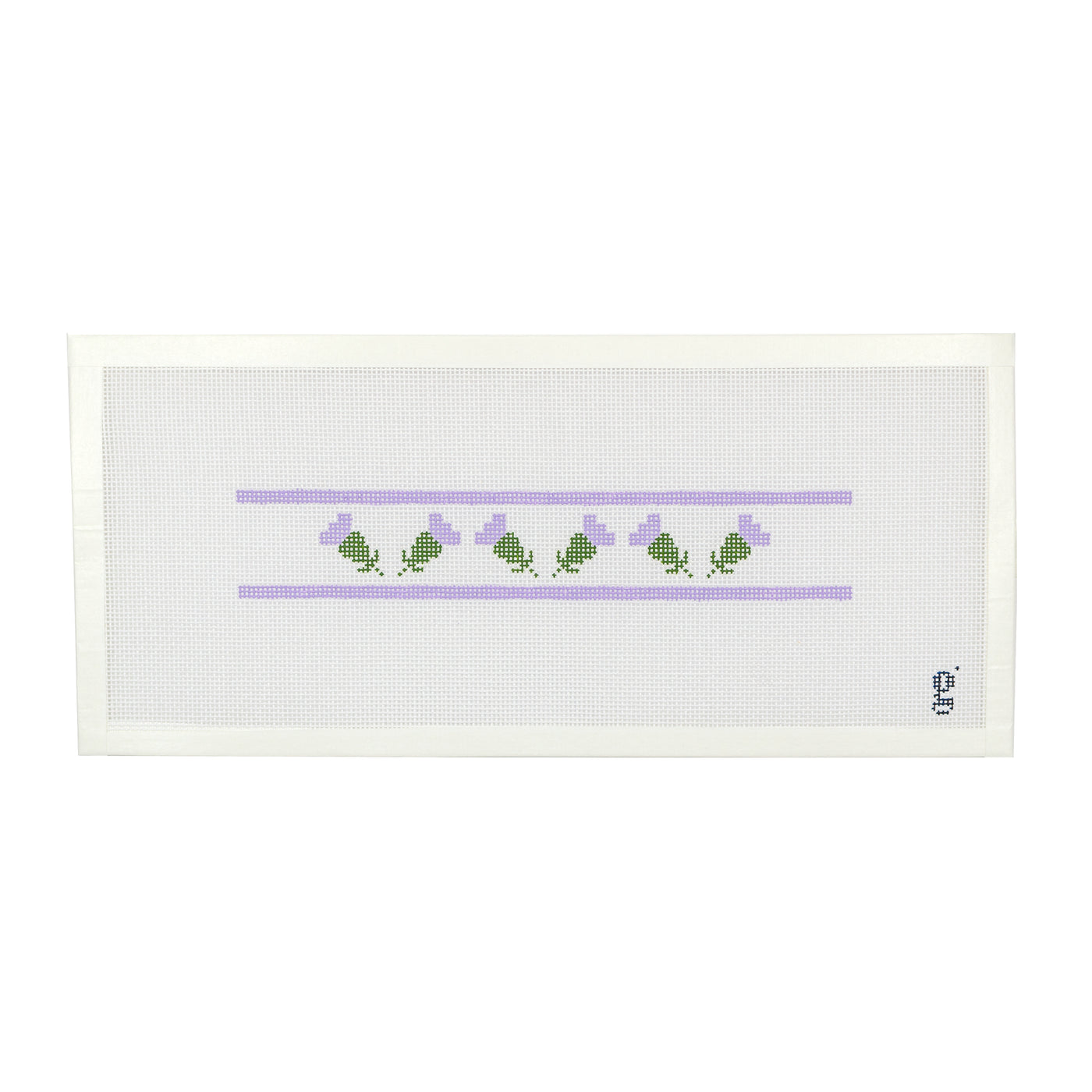 Small rectangular hand painted needlepoint canvas with purple stripe at top and bottom and six purple and green thistles in a line.