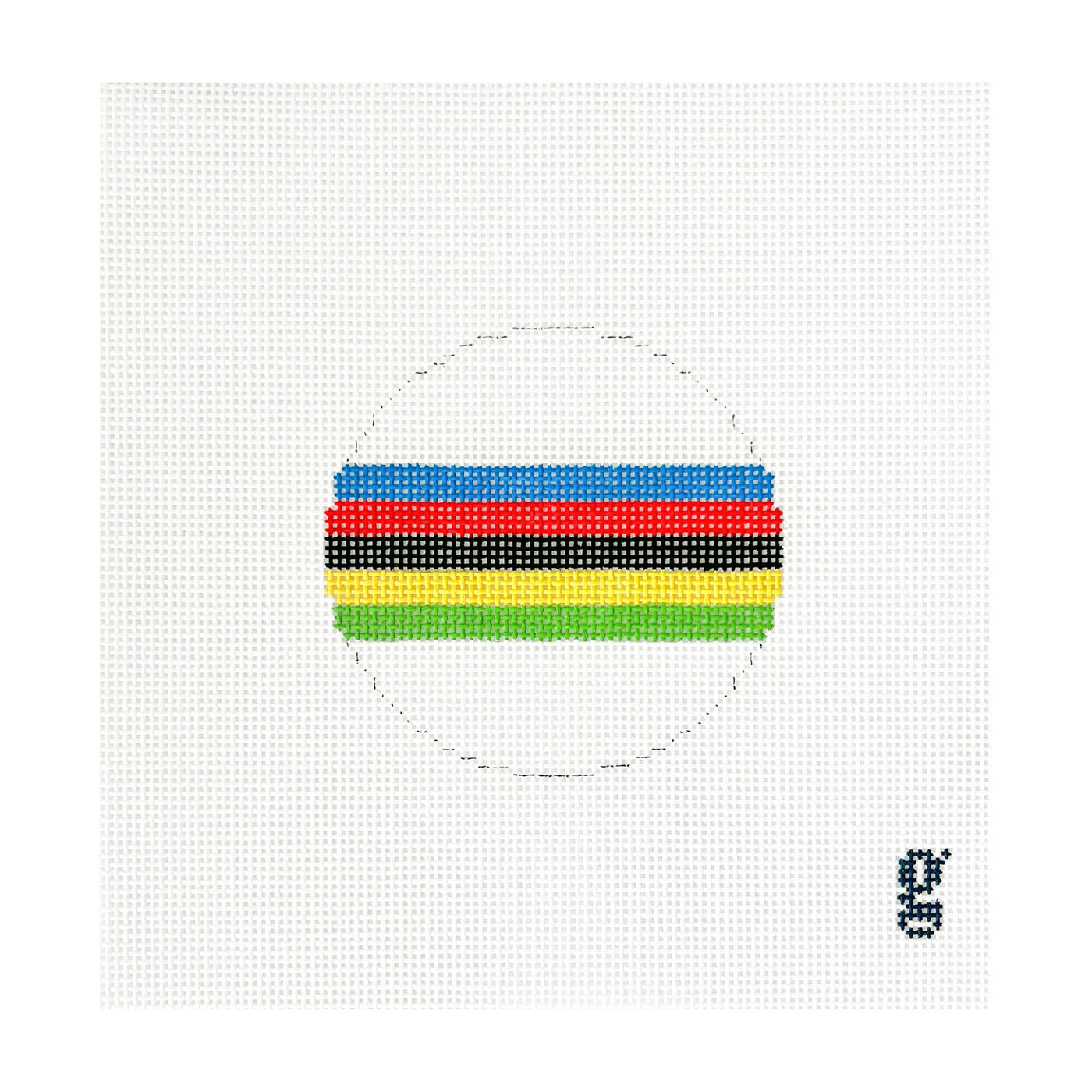 Square shaped needlepoint canvas featuring a 4 inch circle design with the cycling world champion rainbow stripes.